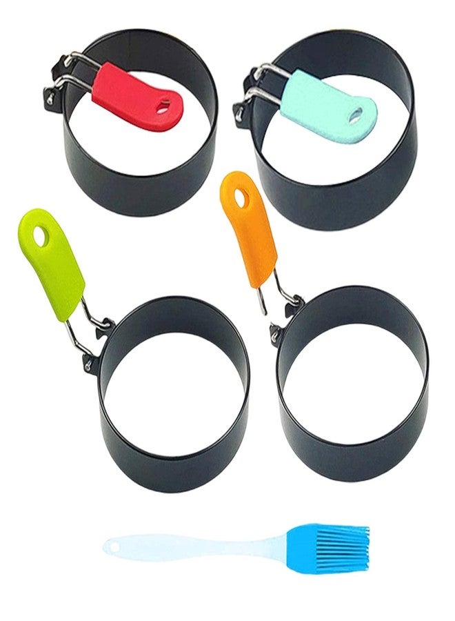 Loyanger 4 Pack Egg Rings,Stainless Steel Frying Ring Tool Non Stick Egg Frying Rings with Folding Handles and Oil Brush for Cooking Breakfast Sandwich Burger(COLOR:black) - Image 1